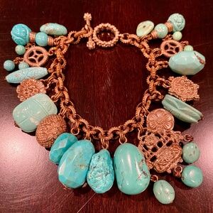 STEPHEN DWECK Turquoise Gemstone Bronze Ornate Etruscan Charm Bracelet Size 8"